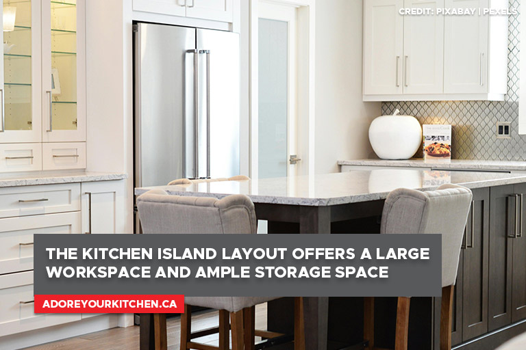 The kitchen island layout offers a large workspace and ample storage space